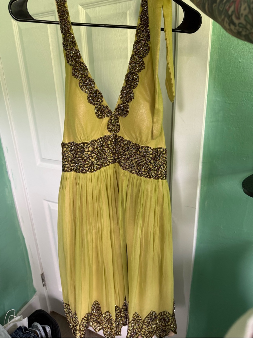 Adrianna Papell chartreuse beaded silk vintage Y2K halter dress